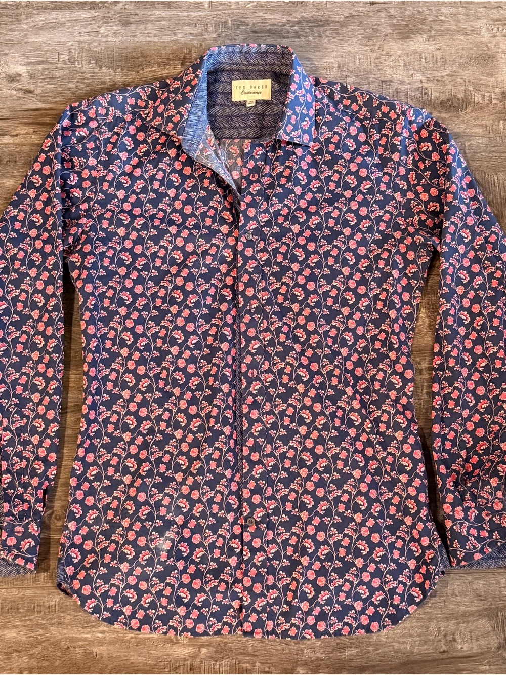 Ted Baker Navy Floral Long-Sleeve Endurance Shirt. 14.5, 34/35